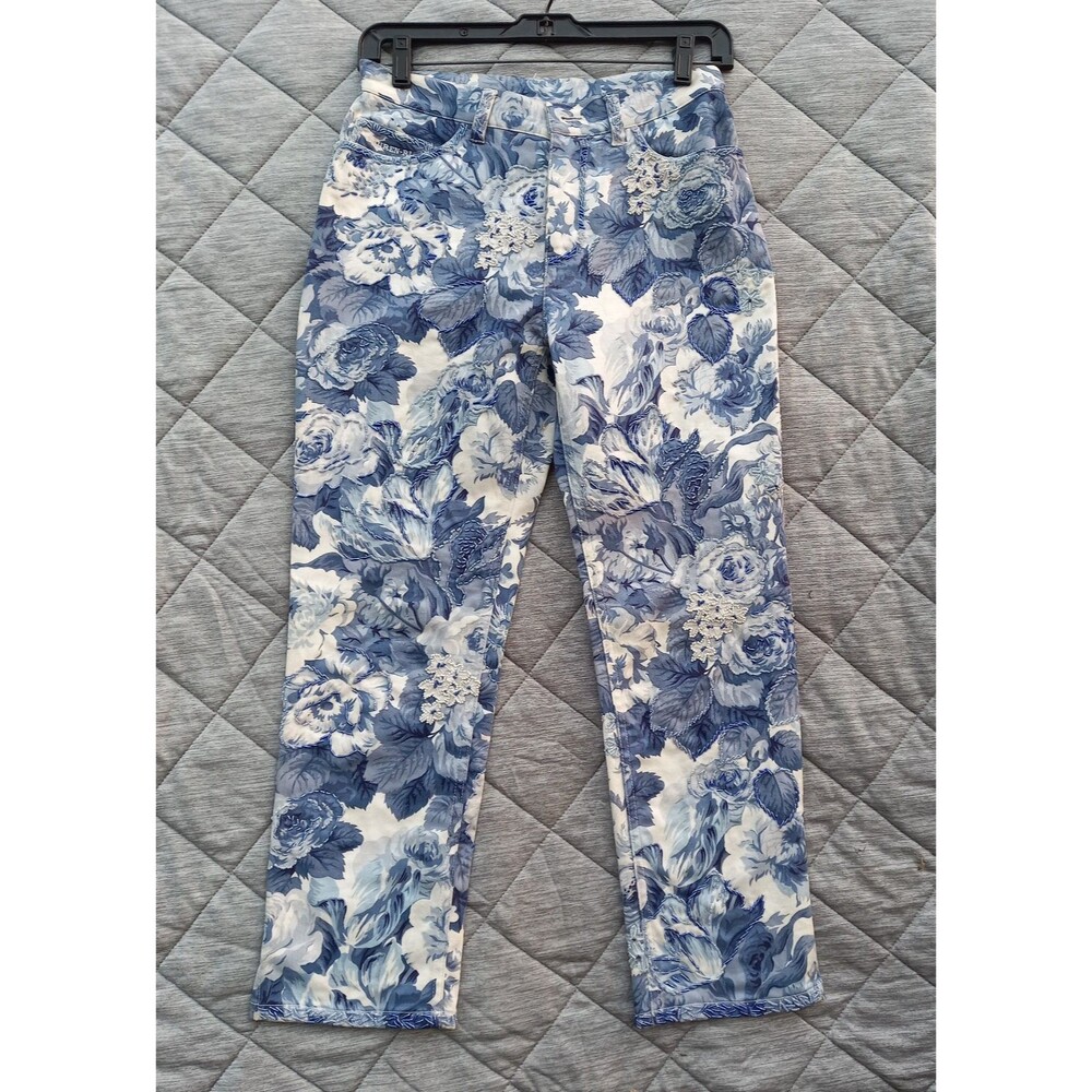 Lauren Ralph Lauren Hand-beaded Blue & White Floral Print Pants Size 2Petite